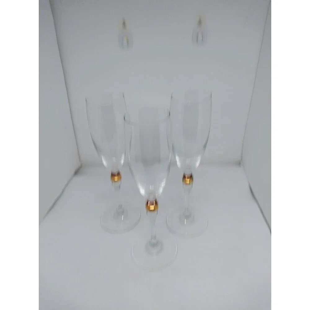 3 Champagne Flutes Cortina Gold Wafer in Stem by Cristal D'Arques-Durand